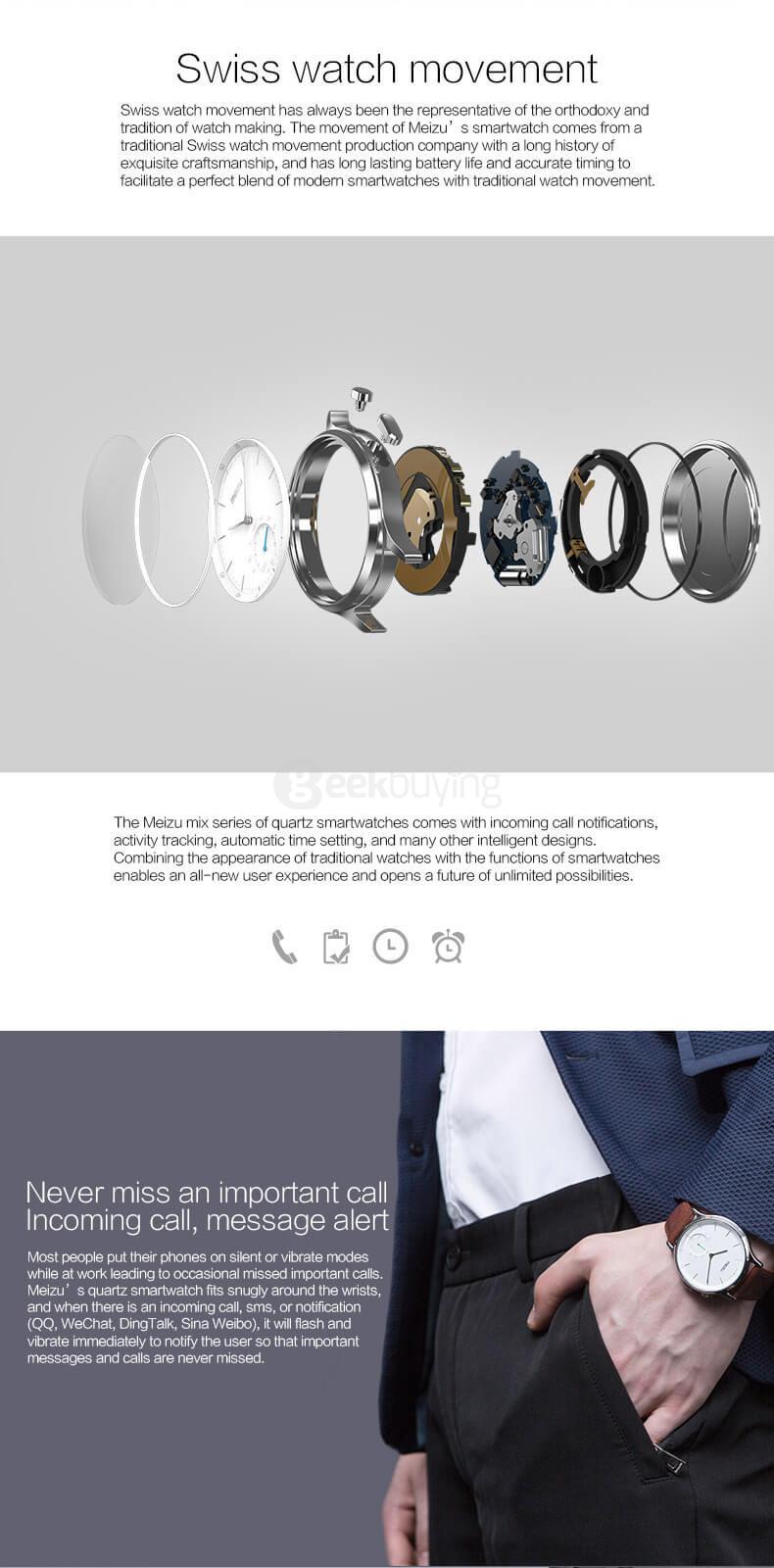 Meizu MIX Smart Watch Analogue Display Bluetooth Pedometer Calorie Consumption Call SMS Reminder with Solid Steel Strap - Black