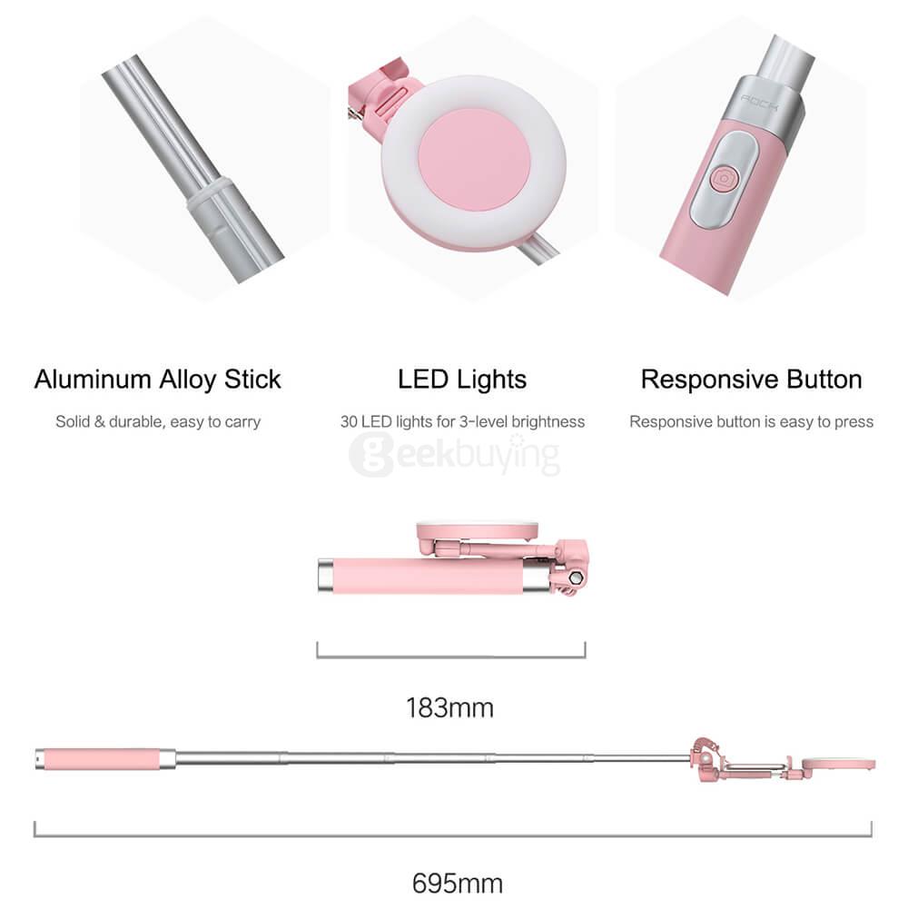 ROCK ROT0770 3.5mm Wire Control Extendable Monopod Selfie Stick with Night LED Fill Light for iPhone and Android - Pink