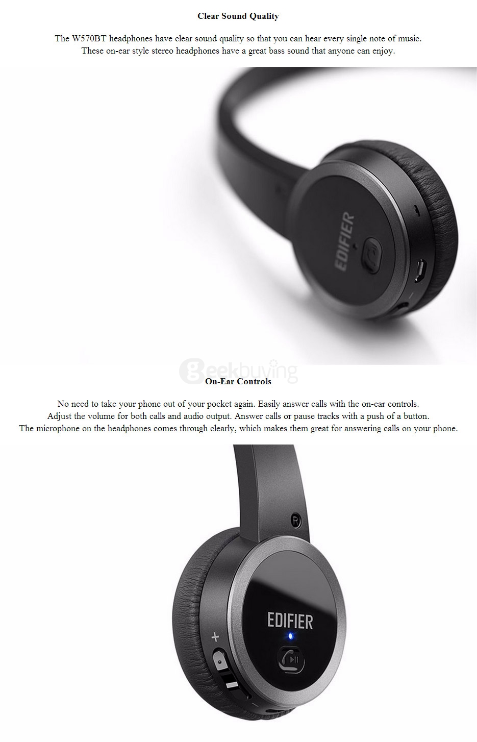 EDIFIER W570BT Wireless Bluetooth 4.0 Headphones On-Ear Controls Lightweight Over-ear Stereo Headset with Mic for IOS/Android - Black