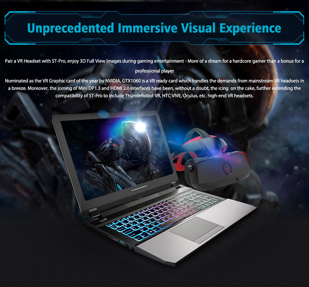 [HK Stock] ThundeRobot ST-Pro VR Ready Gaming Laptop 15.6 Inch DOS GTX1060 6G Intel Core i7 7700HQ Quad Core 3.8GHz 16GB RAM 512GB SSD IPS Screen 1920*1080 RGB Backlight Keyboard Gray - EU