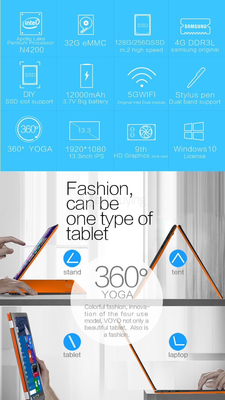Voyo VBook V3 Pentium Version WiFi 13.3 Inch Windows 10 Intel Apollo Lake N4200 Quad Core 1.1-2.5GHz 4GB/128G 1920 x 1080 FHD IPS screen - Gray
