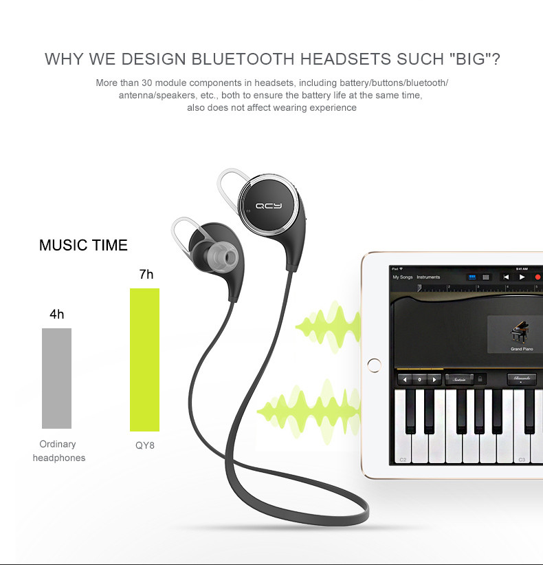 QCY QY8 Wireless Bluetooth 4.1 Sports In-ear Headset With Microphone Handsfree Stereo Earphone - Black