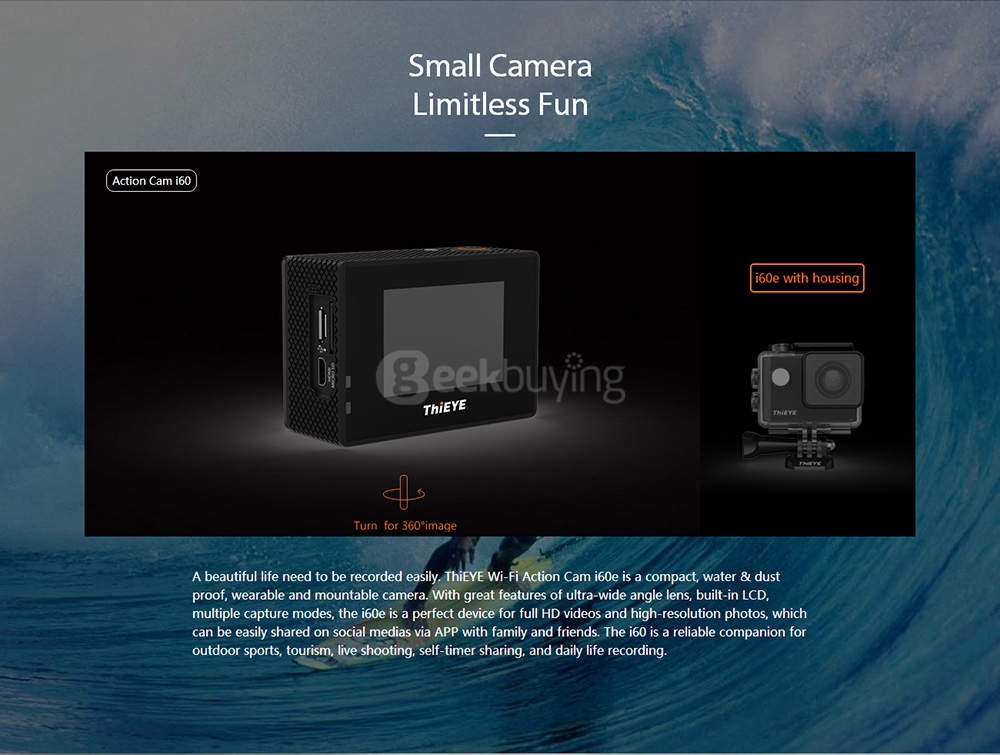 [Spain Stock] Original ThiEYE i60e 4K WiFi Action Camera 12MP 170 Degrees Wide Angle 2.0