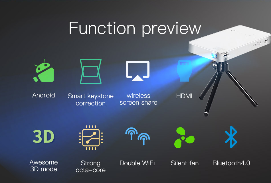 T18 Mini Smart Projector Android 4.4 OS 1GB/32GB 50Lumens HDMI IN Bluetooth 4.0 2.4G/5G WiFi Airplay Miracat US Plug - White