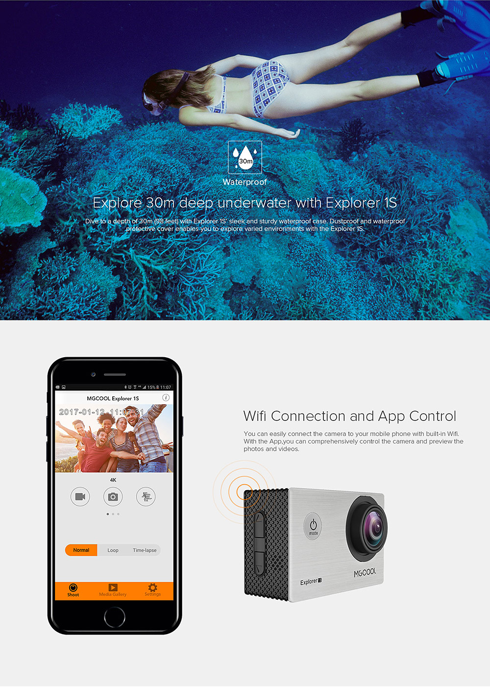 MGCOOL Explorer 1S 4K WiFi Action Camera 170 Degree FOV  Novatek 96660 IMX 078 Sensor 30m Waterproof 4K Ultra HD Sports Camera - Black