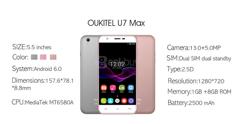 [HK Stock]Oukitel U7 MAX 5.5 Inch Smartphone Android 6.0 MT6580A Quad Core 1.3GHz 1GB RAM 8GB ROM 8.0MP Camera - Gold