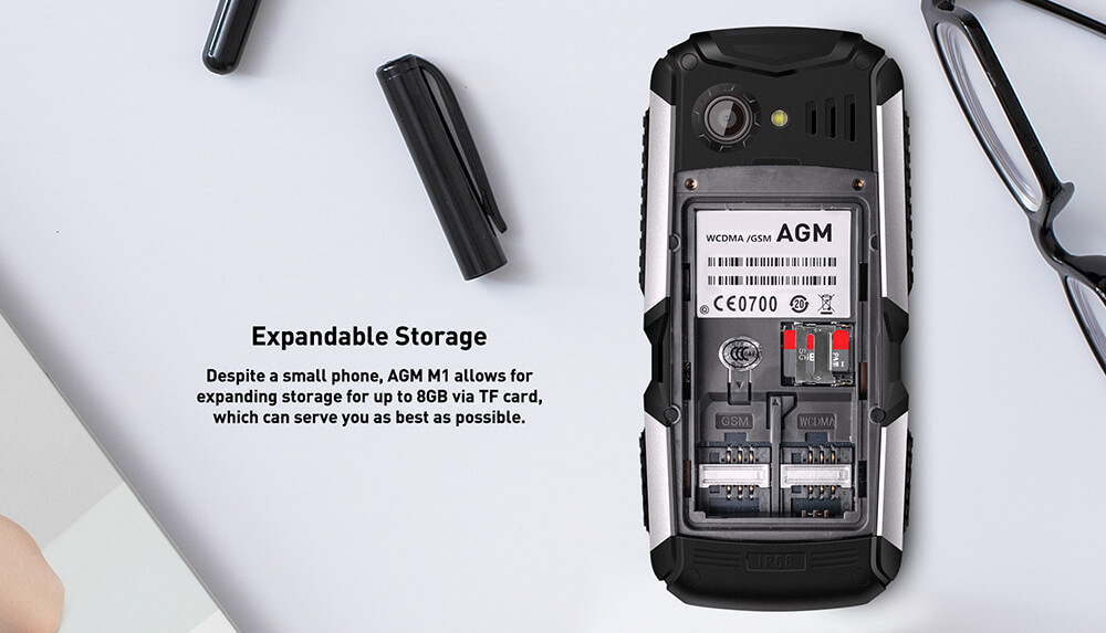 [HKStock] AGM M1 2.0 Inch Rugged Phone IP68 Waterproof Shockproof Dustproof 2570mAh Long Standby Speaker Flash LED Light GPS - Black