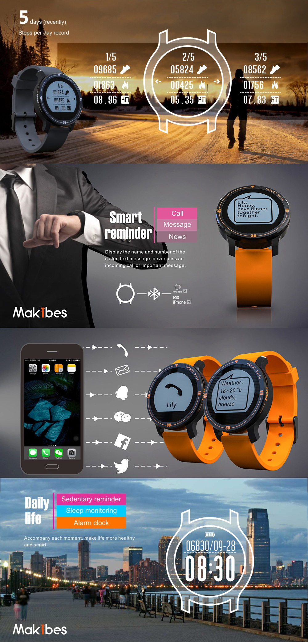 Makibes Aerobic A1 Aerobic Sports Monitoring Dynamic Heart Rate Monitor Pedometer APP Notification SMS Caller ID Display Sleep Tracker 5 Day Record IP67 Waterproof Sports Smart Watch - Orange