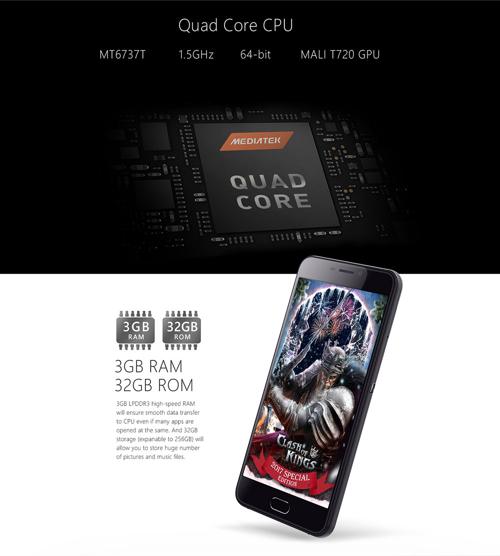 [HK Stock] Ulefone Gemini 5.5 Inch FHD Screen Android 6.0 MT6737T Quad Core 1.5GHz 3GB RAM 32GB ROM 13MP 5MP Dual Rear Camera Touch ID Smartphone(Gray)+Glass Film+TPU Case+ Phone Stand