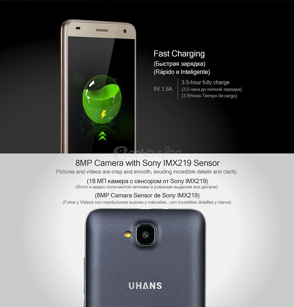 Uhans H5000 5.0Inch HD Screen MT6737 Quad core 3GB RAM 32GB ROM Android 6.0 8.0MP 4G LTE Smartphone 4500mAh Fast Charge -Black