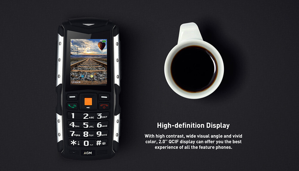 [HKStock] AGM M1 2.0 Inch Rugged Phone IP68 Waterproof Shockproof Dustproof 2570mAh Long Standby Speaker Flash LED Light GPS - Black