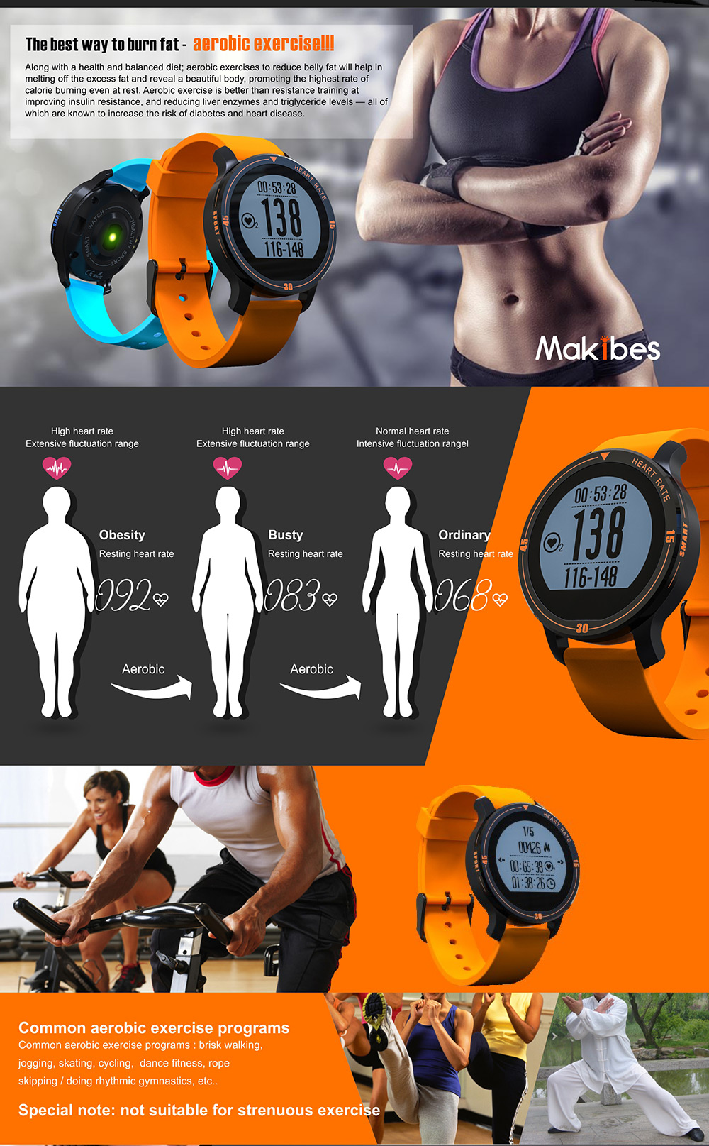 Makibes Aerobic A1 Aerobic Sports Monitoring Dynamic Heart Rate Monitor Pedometer APP Notification SMS Caller ID Display Sleep Tracker 5 Day Record IP67 Waterproof Sports Smart Watch - Orange