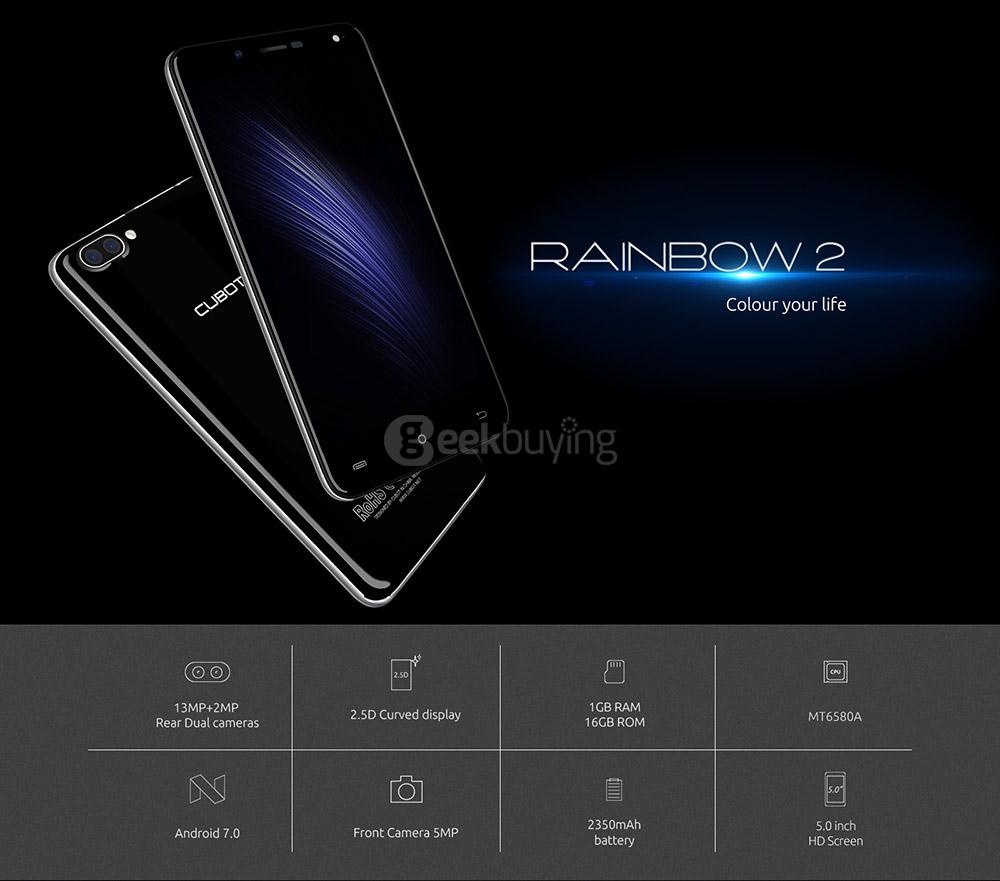 [HK Stock]CUBOT RAINBOW2 5.0 Inch HD Screen MT6580A Quad Core 1.3GHz 1GB RAM 16GB ROM Android 7.0 Smartphone 2.5D Curved Display Rear Dual Cameras -  White