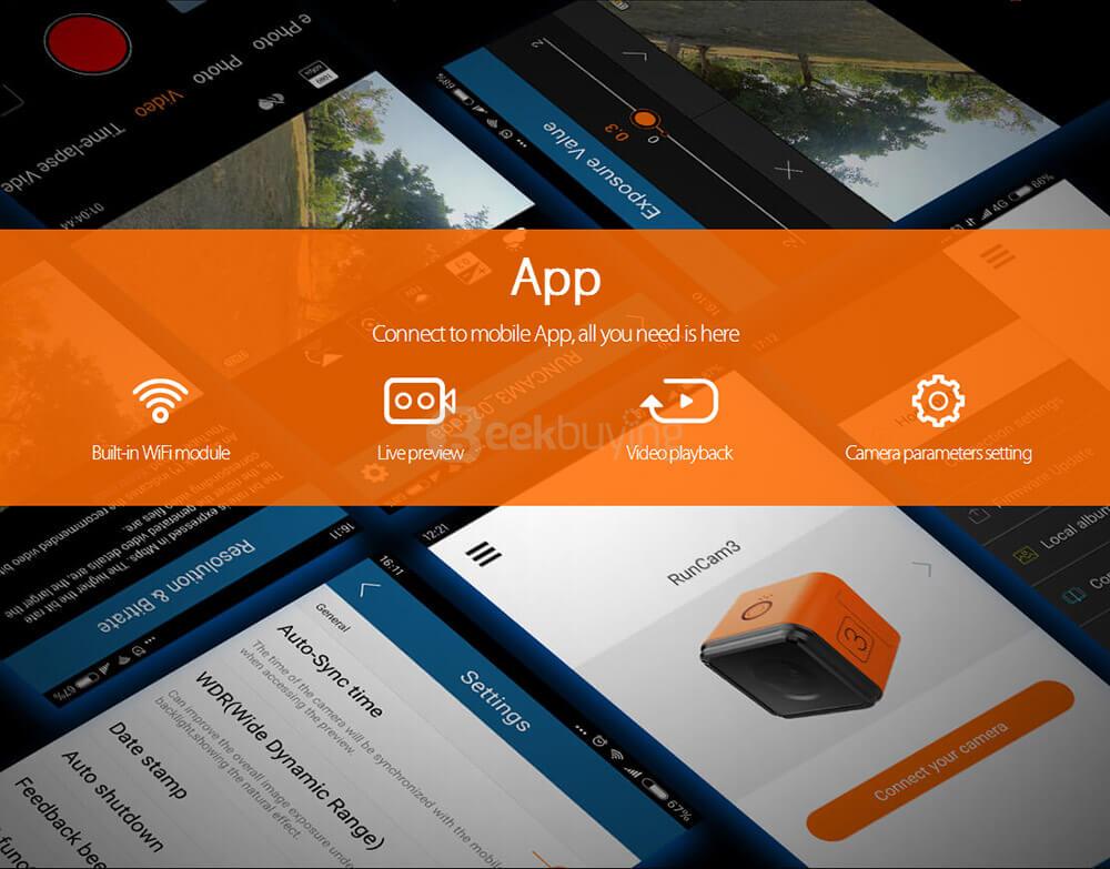 RunCam 3 64G HD 1080p/60fps NTSC/PAL 155 Degree Wide Angle WiFi FPV Camera for Racing Drone - Orange