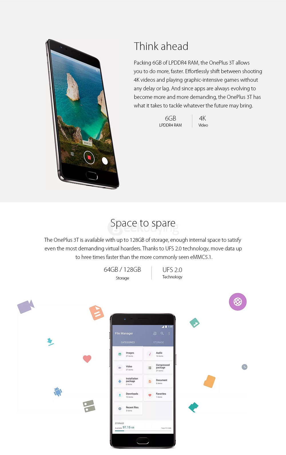 [EU Version]ONEPLUS 3T(A3003)5.5inch AMOLED FHD Oxygen OS Smartphone Qualcomm Snapdragon 821 2.35GHz Quad Core 6GB 64GB 16.0MP+16.0MP Dash Charge Touch ID NFC Type-C - Soft Gol