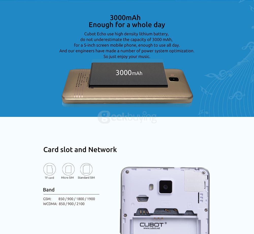 [HK Stock]CUBOT ECHO 5.0 Inch HD 2GB RAM 16GB ROM 13.0MP Cam MT6580 Quad Core 1.3GHz 3G Android 6.0 Smartphone Music Sound System - Black