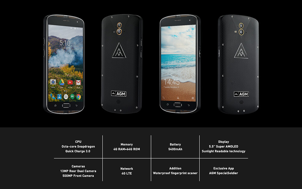 [HK Stock] AGM X1 5.5 Inch Rugged Phone IP68 Waterproof Android 5.1 Qualcomm MSM8952 Octa Core 4G LTE 4GB 64GB 13.0MP Dual Rear Cameras 5400mAh Battery Touch ID NFC - Black