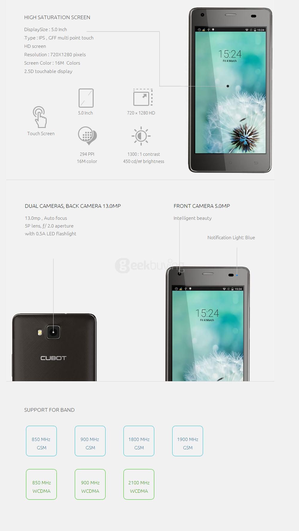 [HK Stock]CUBOT ECHO 5.0 Inch HD 2GB RAM 16GB ROM 13.0MP Cam MT6580 Quad Core 1.3GHz 3G Android 6.0 Smartphone Music Sound System - Black