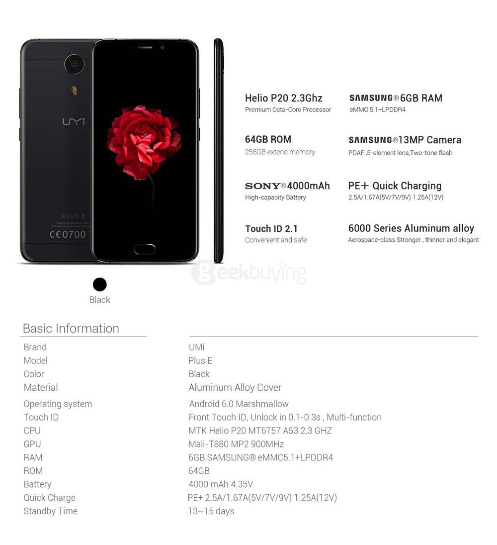 [HK Stock]UMI PLUS E 5.5 Inch FHD 6GB RAM 64GB ROM 64-Bit Helio P20 MT6757 2.3GHz 13.0MP Cam Android 6.0 Smartphone Touch ID -Black
