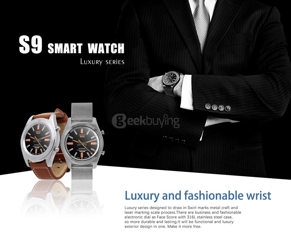 No.1 S9  NFC Smart Watch with Leather Strap MTK2502C Bluetooth4.0 Heart Rate Monitor Pedometer Sedentary Reminder 380mAh Battery - Brown