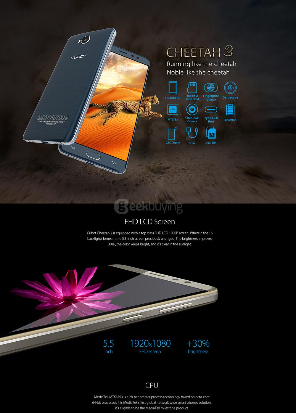 [HK Stock] CUBOT CHEETAH 2 5.5 Inch FHD Screen 3GB Ram 32GB Rom 8.0MP+13.0MP  MT6753 Octa Core Android 6.0 4G LTE Smartphone Touch ID  - Gold