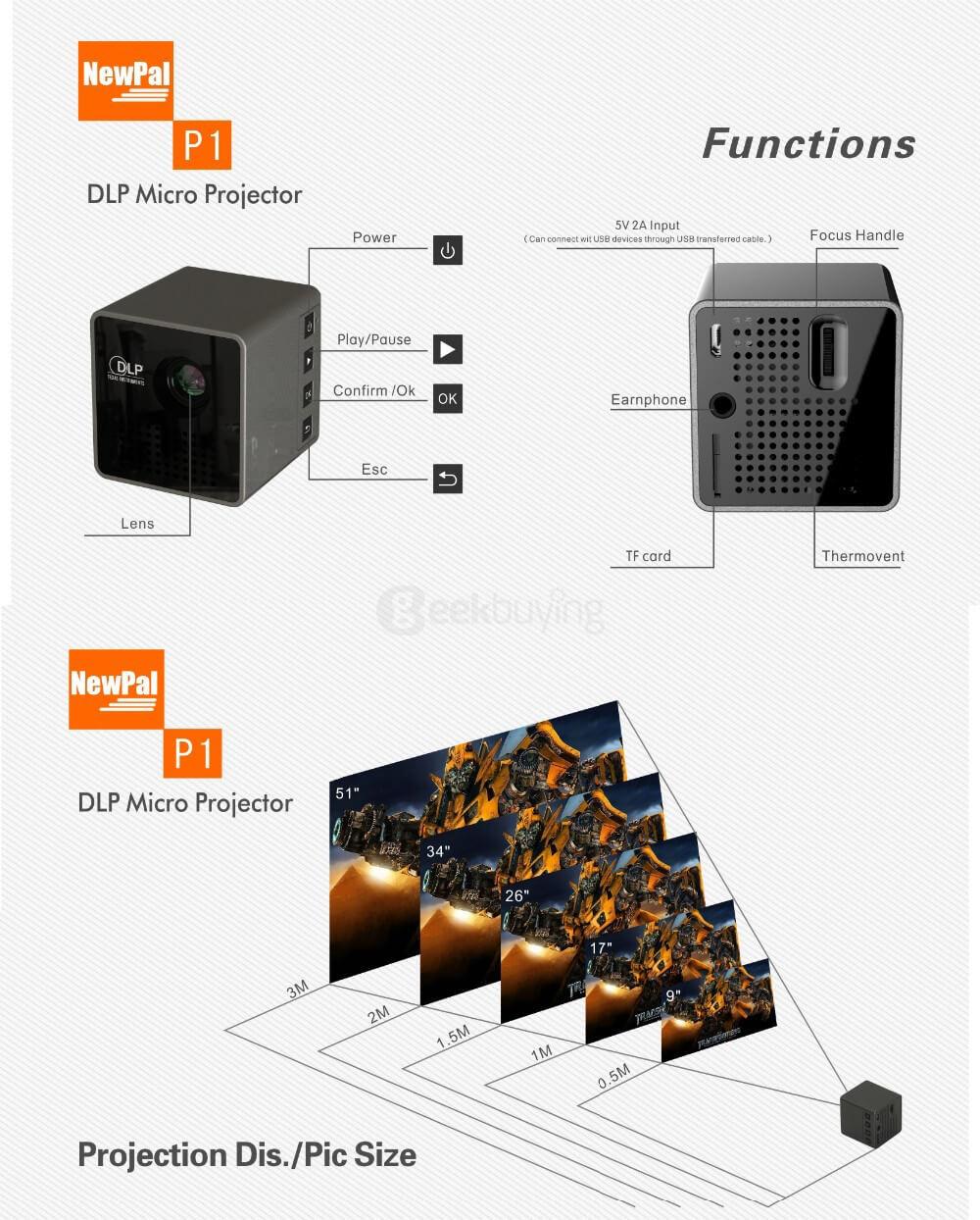 UNIC P1 Mini LED Portable 30 Lumens Micro Projector DLP Home Movie Theater Projector - Black