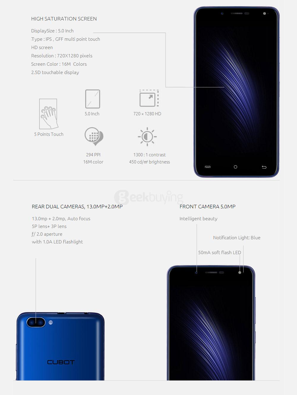 [HK Stock]CUBOT RAINBOW2 5.0 Inch HD Screen MT6580A Quad Core 1.3GHz 1GB RAM 16GB ROM Android 7.0 Smartphone 2.5D Curved Display Rear Dual Cameras -  White