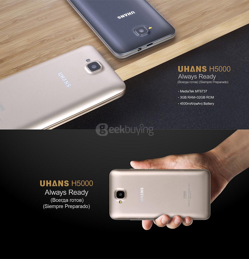 Uhans H5000 5.0Inch HD Screen MT6737 Quad core 3GB RAM 32GB ROM Android 6.0 8.0MP 4G LTE Smartphone 4500mAh Fast Charge -Black