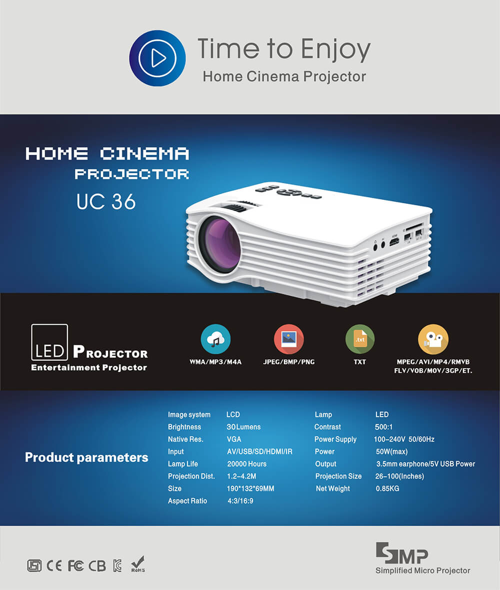 UNIC UC36 LCD Projector 1000 Lumens 640*480 Pixels with HDMI/AV/USB/SD Input Ports - White
