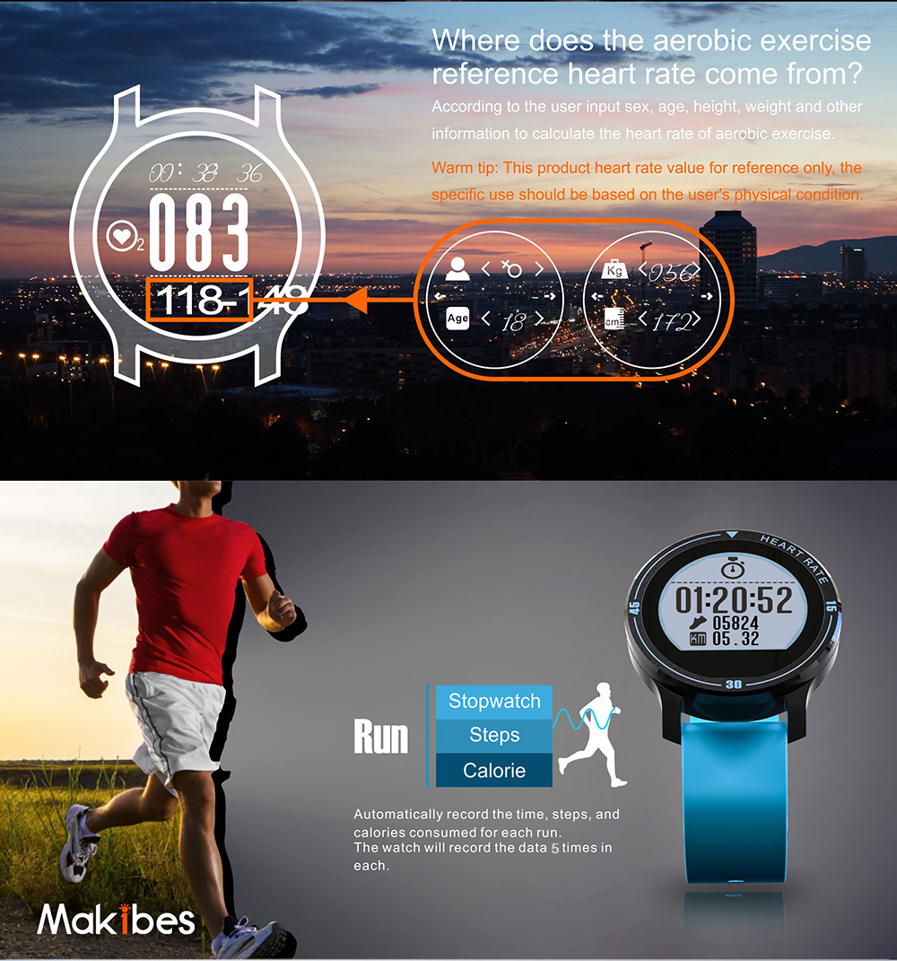Makibes Aerobic A1 Aerobic Sports Monitoring Dynamic Heart Rate Monitor Pedometer APP Notification SMS Caller ID Display Sleep Tracker 5 Day Record IP67 Waterproof Sports Smart Watch - Orange