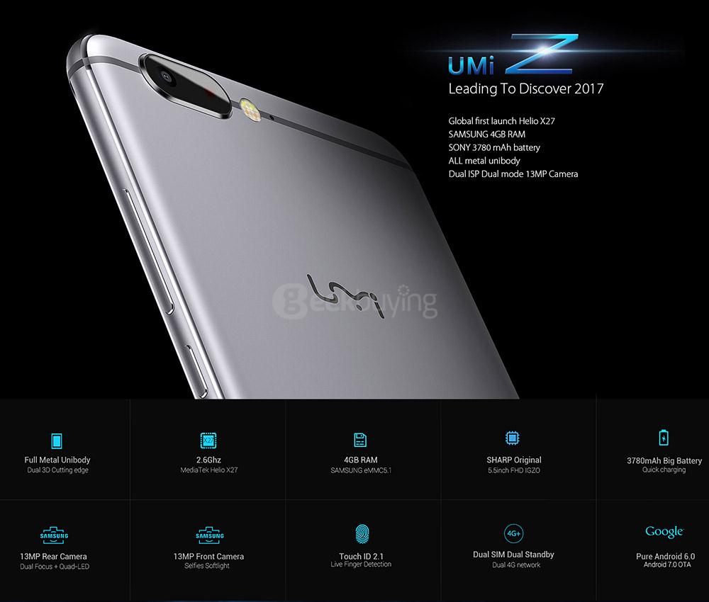 [HK Stock]UMI Z 5.5 Inch FHD 4GB RAM 32GB ROM Helio X27 Deca core 2.6GHz 13.0MP Android 6.0 Smartphone Touch ID Type-C USB Quik Charge - Gold