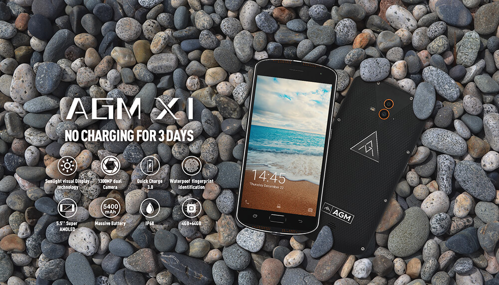 [HK Stock] AGM X1 5.5 Inch Rugged Phone IP68 Waterproof Android 5.1 Qualcomm MSM8952 Octa Core 4G LTE 4GB 64GB 13.0MP Dual Rear Cameras 5400mAh Battery Touch ID NFC - Black