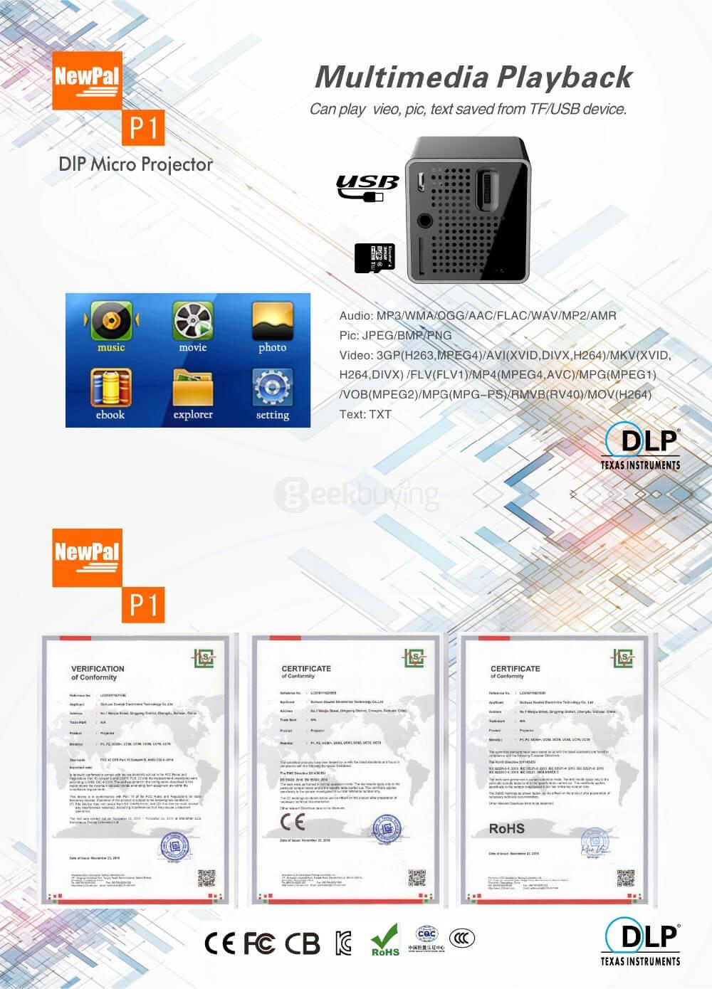 UNIC P1 Mini LED Portable 30 Lumens Micro Projector DLP Home Movie Theater Projector - Black