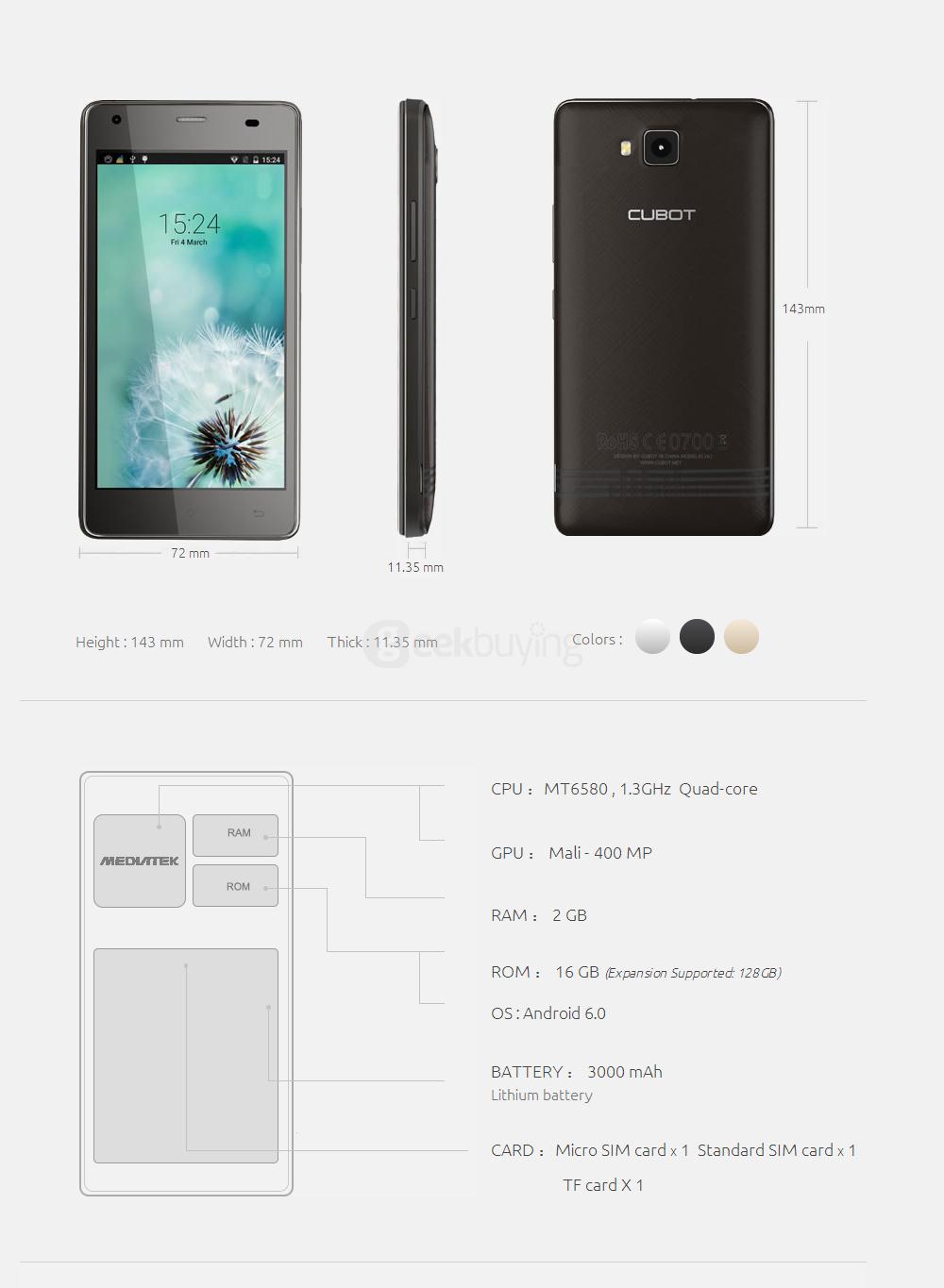 [HK Stock]CUBOT ECHO 5.0 Inch HD 2GB RAM 16GB ROM 13.0MP Cam MT6580 Quad Core 1.3GHz 3G Android 6.0 Smartphone Music Sound System - Black