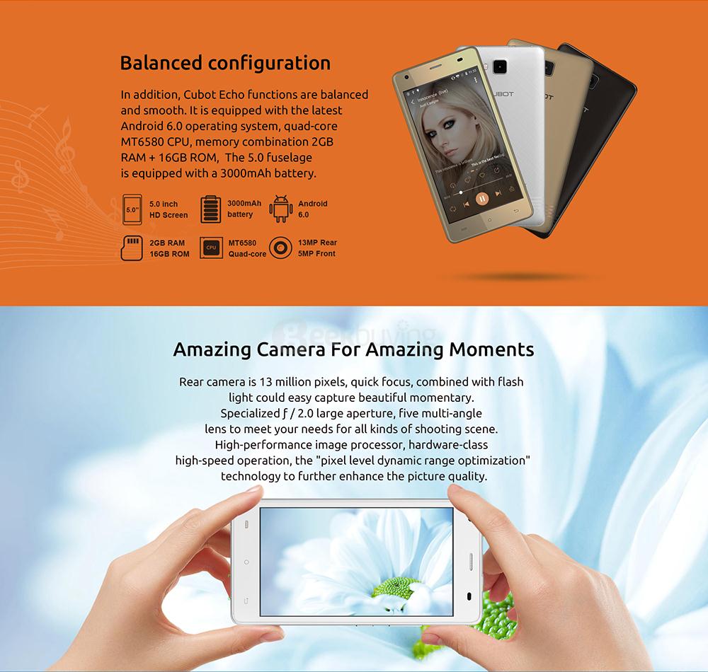 [HK Stock]CUBOT ECHO 5.0 Inch HD 2GB RAM 16GB ROM 13.0MP Cam MT6580 Quad Core 1.3GHz 3G Android 6.0 Smartphone Music Sound System - White