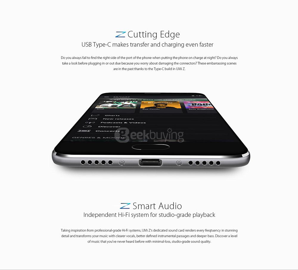 [HK Stock]UMI Z 5.5 Inch FHD 4GB RAM 32GB ROM Helio X27 Deca core 2.6GHz 13.0MP Android 6.0 Smartphone Touch ID Type-C USB Quik Charge - Gold