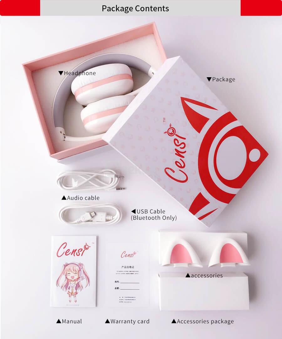 Censi Bluetooth Cat Ear Headphones Over Ear Noise Canceling Wireless Bluetooth Headphones with Mic - White