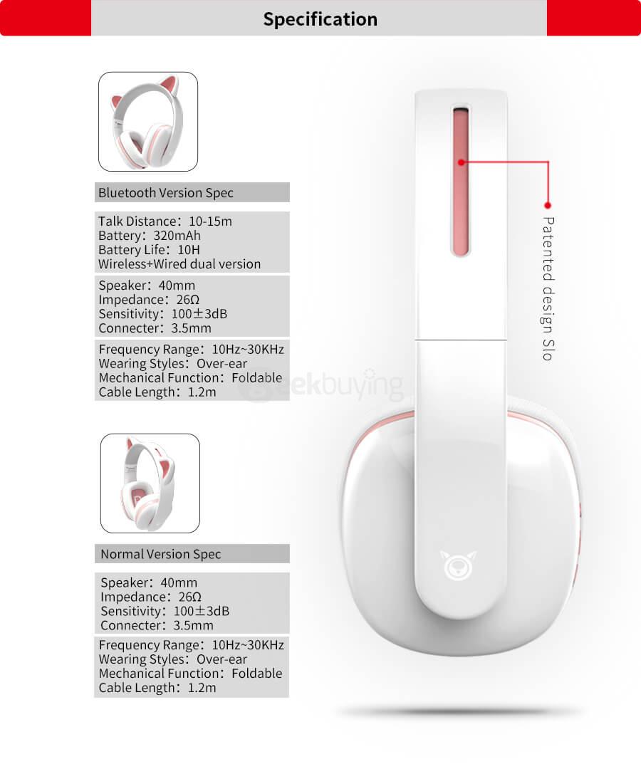 Censi Wired Cat Ear Headphones Over Ear Wired Noise Canceling Headphones for Smartphone PC - White