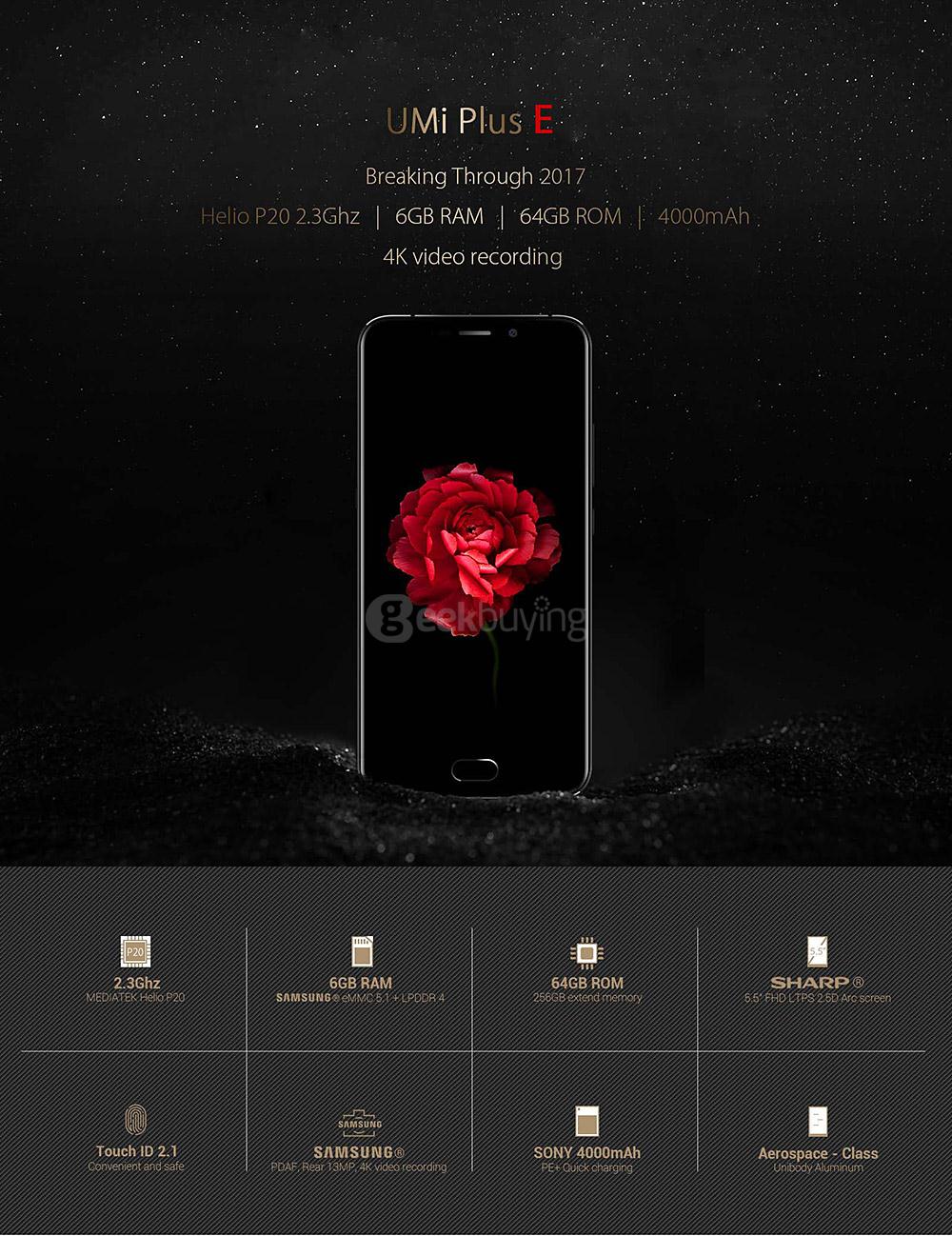 [HK Stock]UMI PLUS E 5.5 Inch FHD 6GB RAM 64GB ROM 64-Bit Helio P20 MT6757 2.3GHz 13.0MP Cam Android 6.0 Smartphone Touch ID -Black