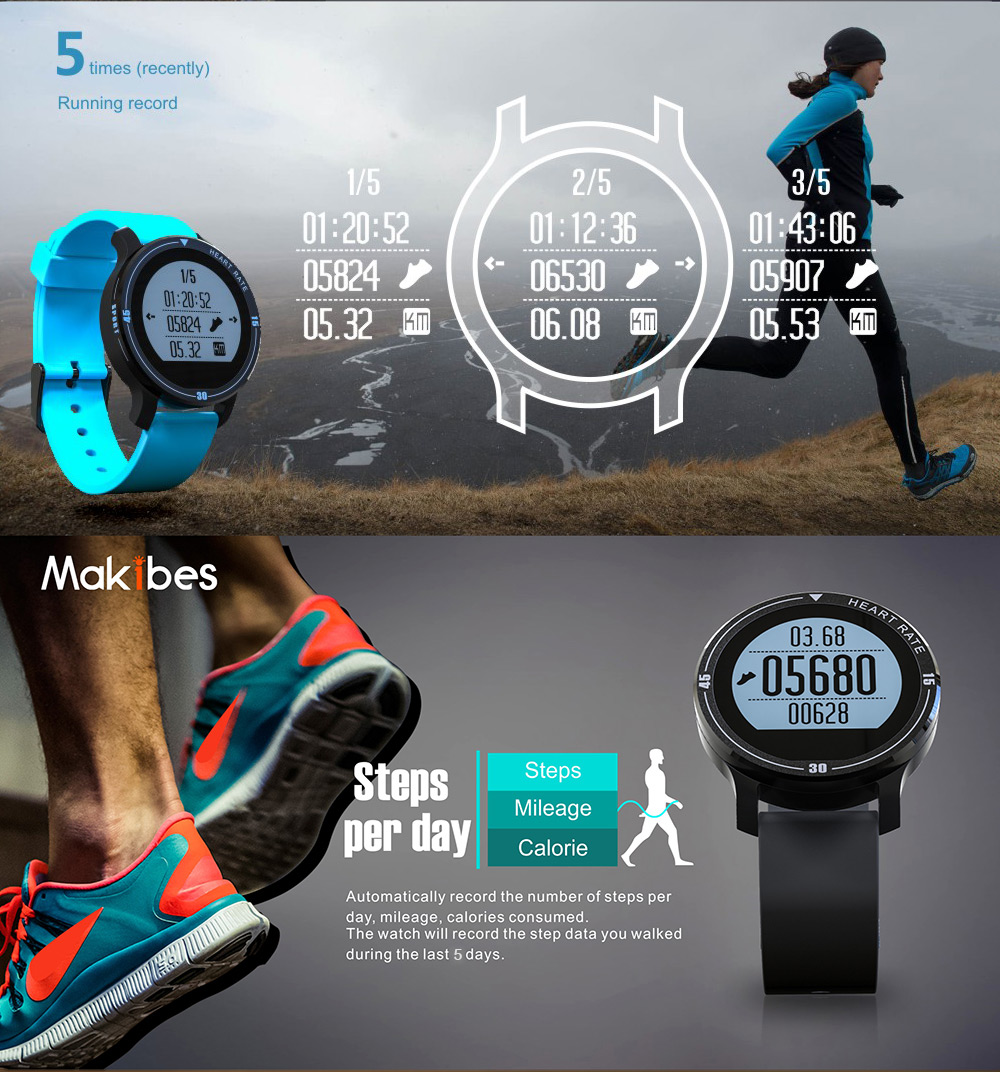 Makibes Aerobic A1 Aerobic Sports Monitoring Dynamic Heart Rate Monitor Pedometer APP Notification SMS Caller ID Display Sleep Tracker 5 Day Record IP67 Waterproof Sports Smart Watch - Orange