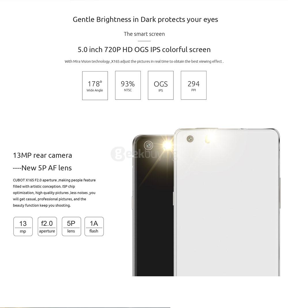 [HK Stock]CUBOT X16S 5.0 Inch HD Screen 3GB RAM 16GB ROM 8.0MP+13.0MP Cam MT6735A Quad-Core 4G LTE Android 6.0 Smartphone Anti-fingerprint - White
