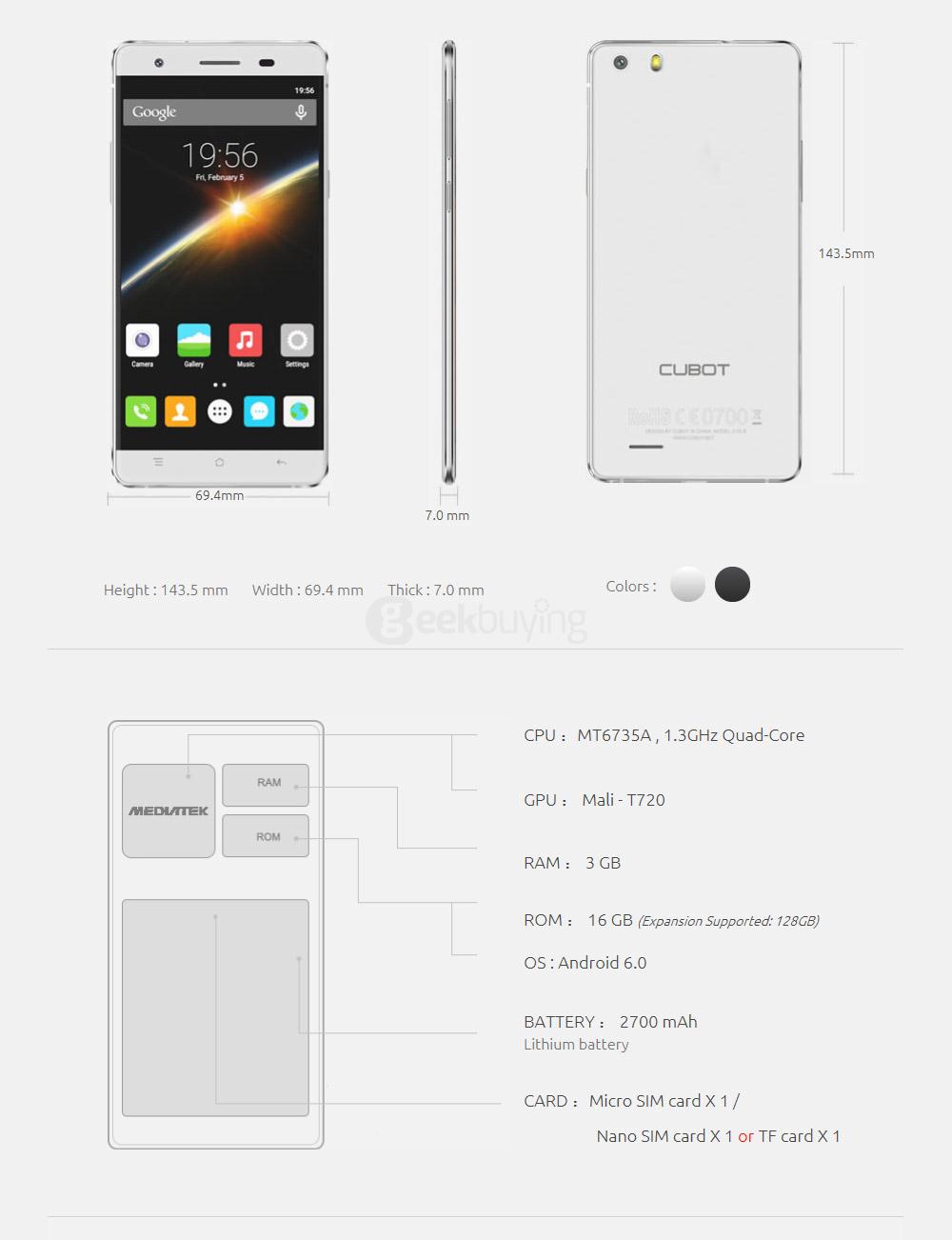 [HK Stock]CUBOT X16S 5.0 Inch HD Screen 3GB RAM 16GB ROM 8.0MP+13.0MP Cam MT6735A Quad-Core 4G LTE Android 6.0 Smartphone Anti-fingerprint - Black