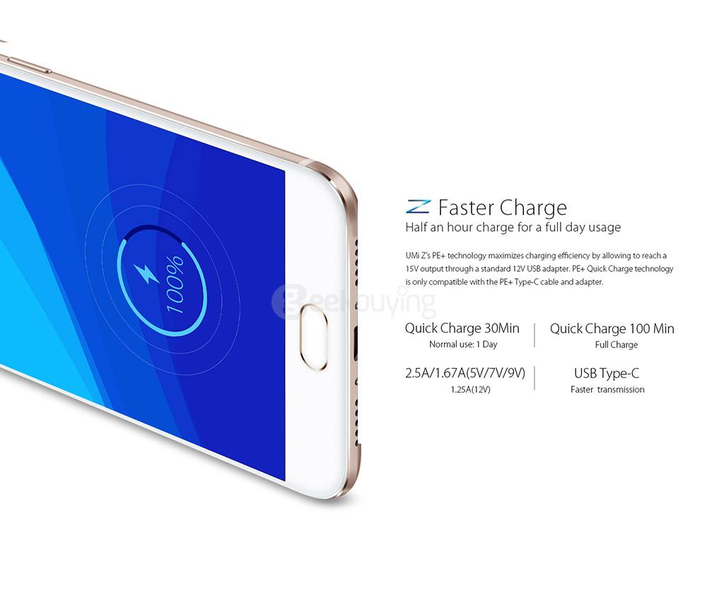 [HK Stock]UMI Z 5.5 Inch FHD 4GB RAM 32GB ROM Helio X27 Deca core 2.6GHz 13.0MP Android 6.0 Smartphone Touch ID Type-C USB Quik Charge - Gold