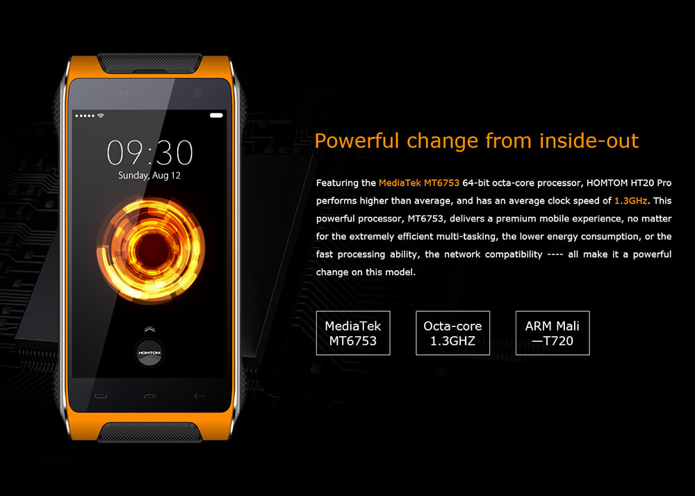 [HK Stock] HOMTOM HT20 Pro 4.7 Inch Rugged Phone IP68 Waterproof Android 6.0  MT6753 Octa Core 4G LTE 3GB RAM 32GB ROM 16.0MP Camera Touch ID 3500mAh Battery OTG - Black