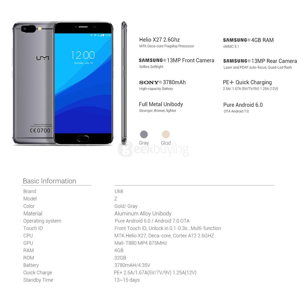 [HK Stock]UMI Z 5.5 Inch FHD 4GB RAM 32GB ROM Helio X27 Deca core 2.6GHz 13.0MP Android 6.0 Smartphone Touch ID Type-C USB Quik Charge - Gray