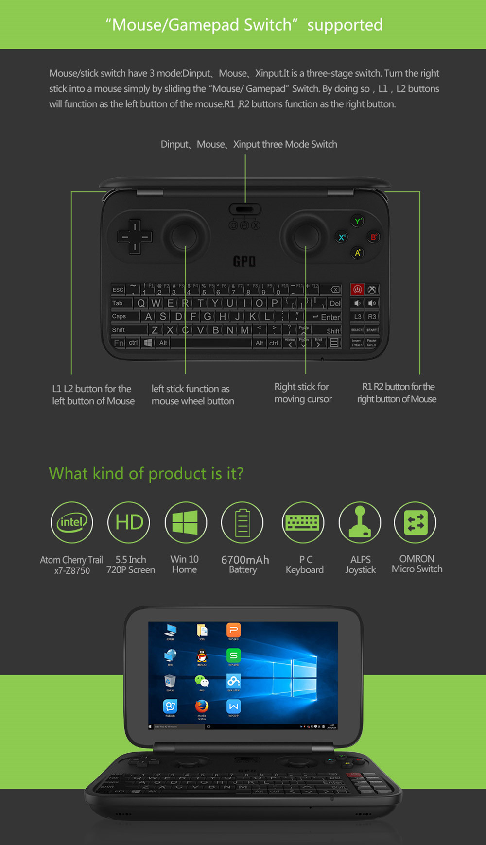 GPD Win Aluminum Shell Version 5.5 inch Gamepad Tablet PC Intel Atom X7 Z8750 Windows 10 OS 4GB/64GB Game Console Quad Core 2.56GHz Gorilla Glass Touch Screen 1280*720 Type-C - Black