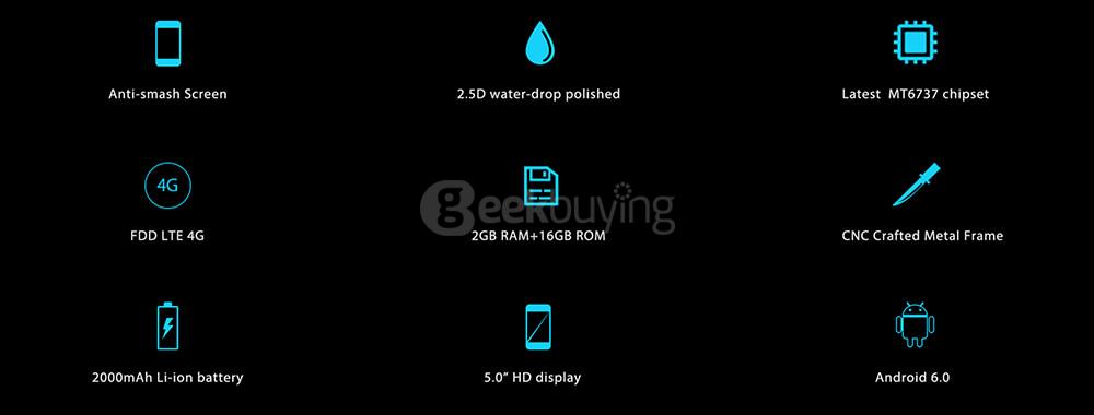[HK Stock]OUKITEL C5 Pro 5.0 Inch HD Screen 2GB RAM 16GB ROM 5.0MP Cam MT6737 Quad core Android 6.0 4G LTE Smartphone 2000mAh Quick Gestures - Black