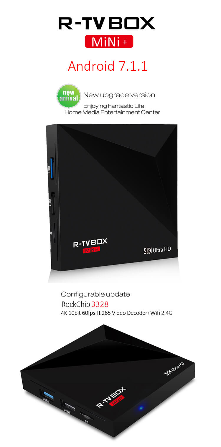 R-TV BOX MINI+ Android 7.1.1 RK3328 KODI 17.1 4K VP9 TV Box 1G/8G 802.11 b/g/n Wifi LAN H.265 HDR10 USB3.0
