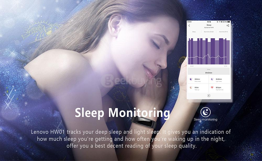 Lenovo HW01 Bluetooth 4.2 Smart Wristband Dynamic Heart Rate Moniter Pedometer Fitness Tracker for Android iOS - Black