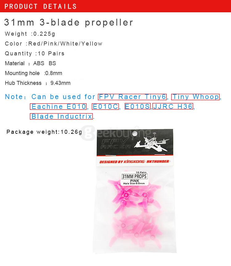 10 Pairs Kingkong 31mm 3-Blade Propeller For Tiny Whoop Eachine E010 JJRC H36 Blade Inductrix - Yellow